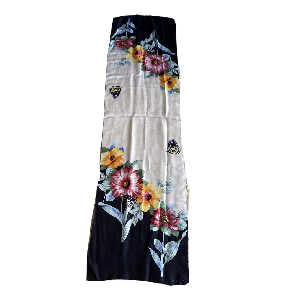 Vintage 1980s ECHO pure silk scarf creamy white colorful floral long rectangle - Picture 3 of 7